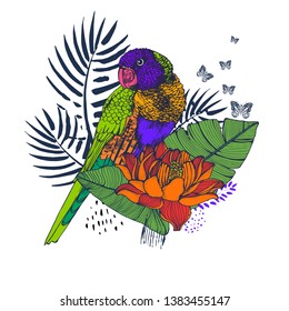 bouquet of tropical flowers,palm leaves ,flowers, parrot , hand drawing ,vector