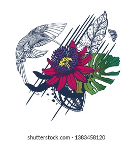 bouquet of tropical flowers,palm leaves ,flowers, Hummingbird , hand drawing ,vector