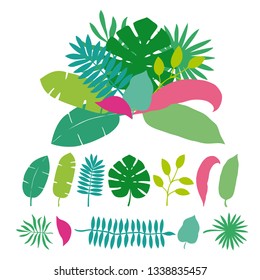 Bouquet of tropical leaves palms, trees. Vector illustration isolated on white background. Flyer, booklet advertising and design. Perfect for flyer design, booklets, advertising.