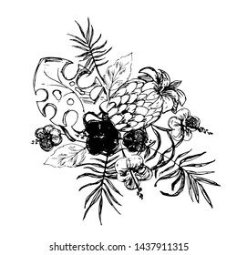 A bouquet of tropical plants. Vector illustration for greetings, invitations. Sketch.