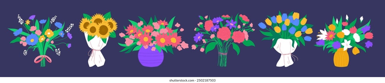 Bouquet tulip. Flower blossom in paper or vase. Doodle wedding nature decorative elements, spring leaf, Mothers Day floral gift, garden sunflower. Invitation celebration. Vector garish plant set