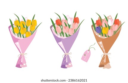 Bouquet of tulip flowers. Tulip flower bouquet vector illustration. Spring flower. Floral bouquet wrapped in gift paper. Gift for special day, celebration day like birthday, teacher day, women day.