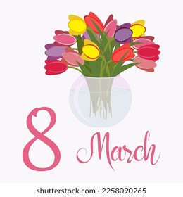 Bouquet of tulip flowers in glass vase. Floral composition for 8 March, Happy Womens Day, Mothers Day, birthday greeting card, gifts etc.