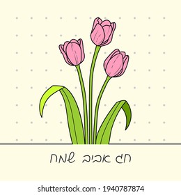 Bouquet of tulip flowers. Greeting design concept for postcard, poster, invitation, banner. Happy Passover handwritten text in Hebrew.