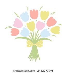 Bouquet of tulip flowers tied with ribbon hand drawn illustration. Flat style design, isolated vector. Easter holiday clip art, seasonal card, banner, poster, element. Spring blossoms, blooms, florals