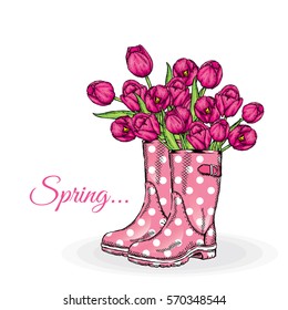 Bouquet of tulips in a beautiful polka dot rubber boots. Vector illustration. Spring flowers.