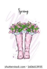 Bouquet of tulips in a beautiful rubber boots. Vector illustration. Spring flowers.