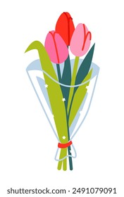 Un ramo de tulipanes en hermoso papel de envolver. Ilustración vectorial plana aislada sobre fondo blanco.