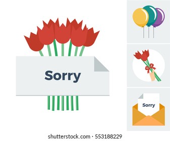 Bouquet Of Tulips Behind A Sorry Note Vector Illustration With Accompanying Icons Of The Same Theme Including Balloons, A Hand Holding Tulips And A Sorry Note In An Envelope