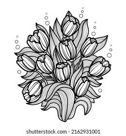 Bouquet of tulips. Black and white linear drawing. For coloring books, prints, posters, tattoos, etc. Vector