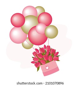 A bouquet of tulips in a box with balloons. Vector clipart.