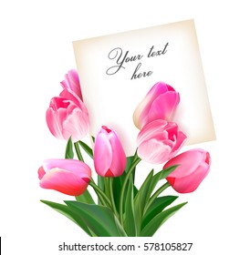 Bouquet of tulips with a card inside. Space for text. Holiday background with sheet of paper and flowers. Vector illustration. Raelistic pink tulips background. Not trace.