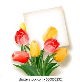 Bouquet of tulips with a card inside. Space for text. Holiday background with sheet of paper and flowers. Vector illustration. Realistic red and yellow tulips background. Not trace.