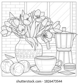 
Bouquet of tulips, coffee maker, cup and peaches.Coloring book antistress for children and adults. Illustration isolated on white background.Black and white drawing.Zen-tangle style.