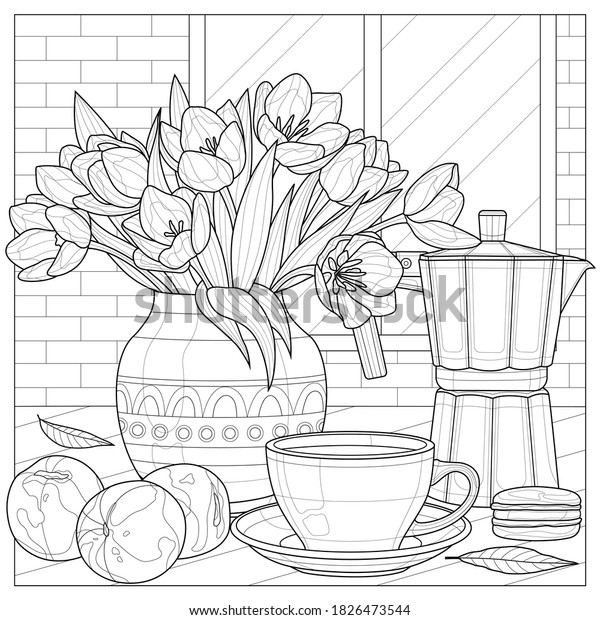 Download Bouquet Tulips Coffee Maker Cup Peachescoloring Stock Vector Royalty Free 1826473544