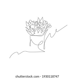 A bouquet of tulips created in the style of line art. Illustration from a continuous black line on a white background for decor, design. Modern.
