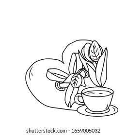 A bouquet of tulips, a Cup of coffee and a heart tied with a ribbon.Vector design for banners and postcards.Coloring