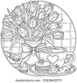 A bouquet of tulips and a cup of coffee and macarons in a circle.Coloring book antistress for children and adults. Illustration isolated on white background.Zen-tangle style. Hand draw