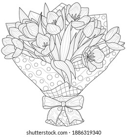 Bouquet of tulips. Flowers.
Coloring book antistress for children and adults. Illustration isolated on white background.Zen-tangle style. Black and white drawing