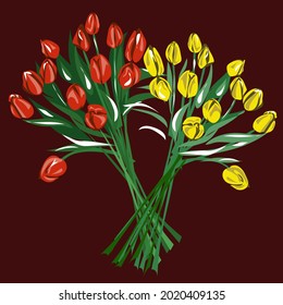 Bouquet of tulips, flowers, nature. Postcard, background. Interior design, items for interior decoration. Isolated vector objects.