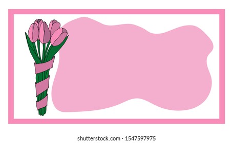 Bouquet of tulips in a frame, festive design. Hand-drawn. Copy space. Background for cards, invitations, greetings. Vector illustration