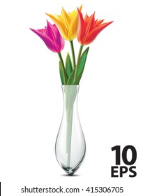 Bouquet of tulips in a glass vase on a white. Vector illustration