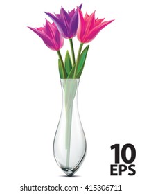 Bouquet of tulips in a glass vase on a white. Vector illustration