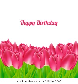 Bouquet of tulips. Happy birthday greeting card.