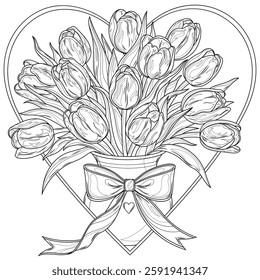 A bouquet of tulips in the heart.Coloring book antistress for children and adults. Illustration isolated on white background. Hand draw