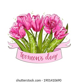 Bouquet of tulips for the International Women's Day on March 8. Postcard, banner. Hand-drawn vector illustration.