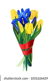 bouquet of tulips and irises, 3D vector illustration on white background , red ribbon
