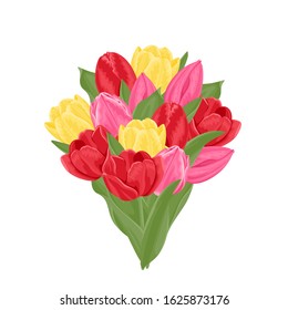 Bouquet of tulips Isolated on white background. Vector illustration of beautiful spring flowers. Red, yellow and pink blooming tulips, green leaves and buds in cartoon flat style. 