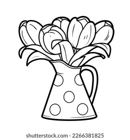 Bouquet of tulips in a jug with a handle coloring book linear drawing isolated on white background