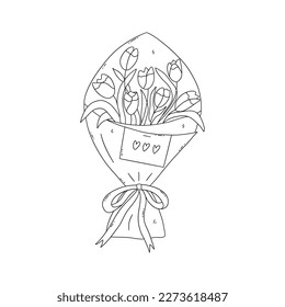 Bouquet of tulips in kraft packaging, tied with ribbon. Love note is pinned to paper. Black and white vector isolated illustration hand drawn doodle. Beautiful spring flowers, gift or compliment