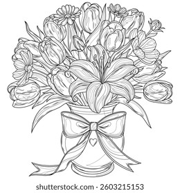 A bouquet of tulips and lilies in a vase.Coloring book antistress for children and adults. Illustration isolated on white background.Zen-tangle style. Hand draw