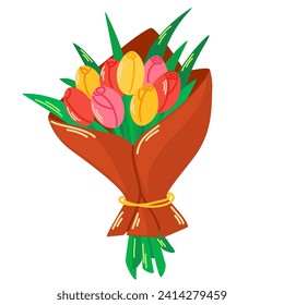 Bouquet of tulips. Love concept. Spring flowers. Element for spring, summer, seasonal design of postcards, fabrics, wallpaper, wrappers, packaging, textiles. Vector illustration