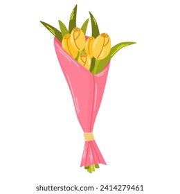 Bouquet of tulips. Love concept. Spring flowers. Element for spring, summer, seasonal design of postcards, fabrics, wallpaper, wrappers, packaging, textiles. Vector illustration