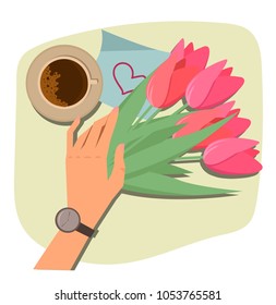 a bouquet of tulips and a love note. coffee