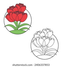 a bouquet of tulips in the midst of their bloom. Simple Design Outline Style. You can give color you like. Vector Illustrations