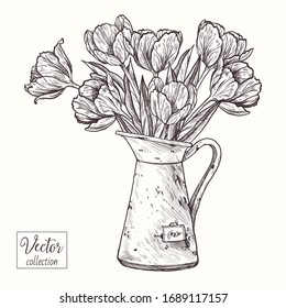 Bouquet aus Tulpen in einem alten Krug. Tulpen. Vektorillustration-Kollektion von handgezeichneten Blumen. Vintage Botanische Blumen. 