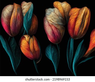 A bouquet of tulips on a black background.