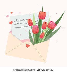 Bouquet of tulips on envelope and card, greeting card design. greeting card design, International women's day.