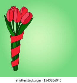Bouquet of tulips on a green background. Soft color. Hand-drawn. Copy space. Vector illustration. Suitable for banner, postcard, design.