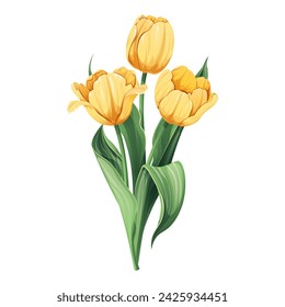 Bouquet of Tulips on an isolated background in cartoon style. Spring yellow flowers for Women's Day, Easter. Vector floral illustration.