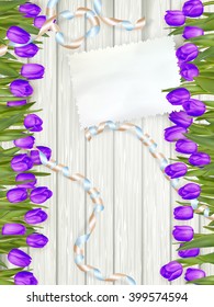 Bouquet of tulips on rustic wooden board, easter decoration. EPS 10 vector file included