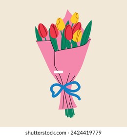 Bouquet of tulips on a sand background.  Floral vector background. Сolorful summer flowers bouquet for invitation, greeting card, poster, frame, wedding, decoration.