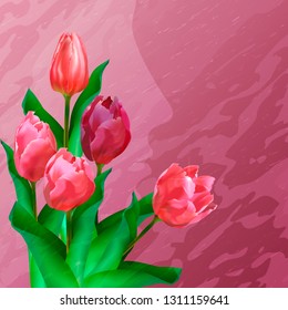 Bouquet of tulips on a textural pink background with a female silhouette. Beautiful greeting card or banner for Women's Day. 