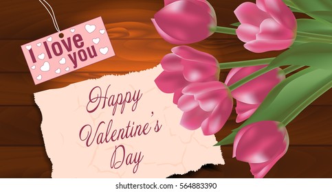 Bouquet of tulips on a wooden background, with free space for text. Spring flowers. Valentine's day background. Vector illustration.