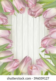 Bouquet of tulips on a wooden table background. Top view. For Mother s Day, Women s Day and wedding with copy space for text. EPS 10 vector file included