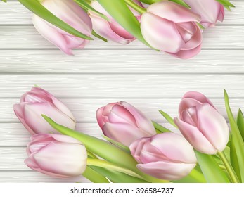 Bouquet of tulips on a wooden table background. Top view. For Mother s Day, Women s Day and wedding with copy space for text. EPS 10 vector file included